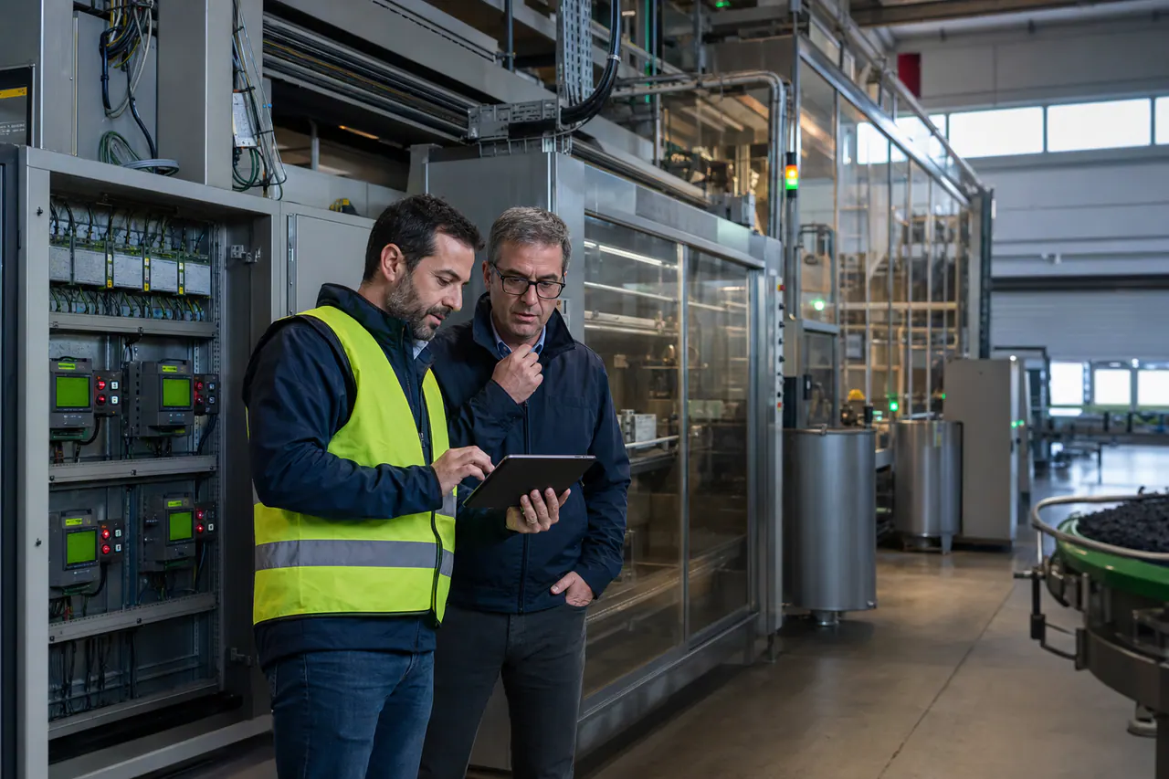 Consultor energético e responsável de operações analisam consumos numa unidade industrial